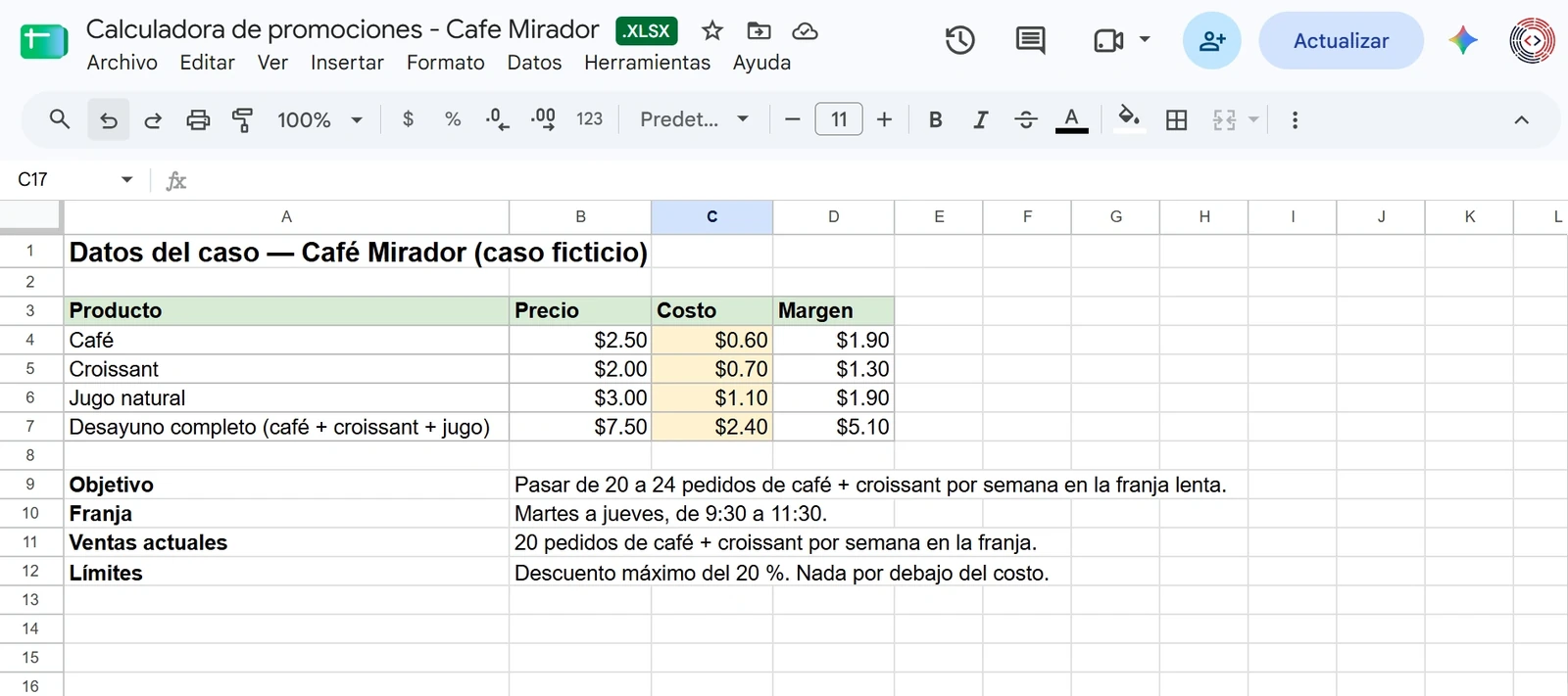Hoja de cálculo «Datos del caso — Café Mirador» con precio, costo y margen de café, croissant, jugo natural y desayuno completo, y debajo el objetivo, la franja, las ventas actuales y los límites.
