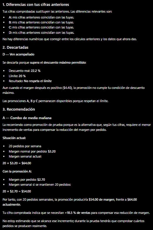 Captura de la recomendación de un asistente de IA: diferencias con las cifras anteriores, promoción D descartada por superar el 20 % y recomendación de la promoción A con su cuenta semanal.
